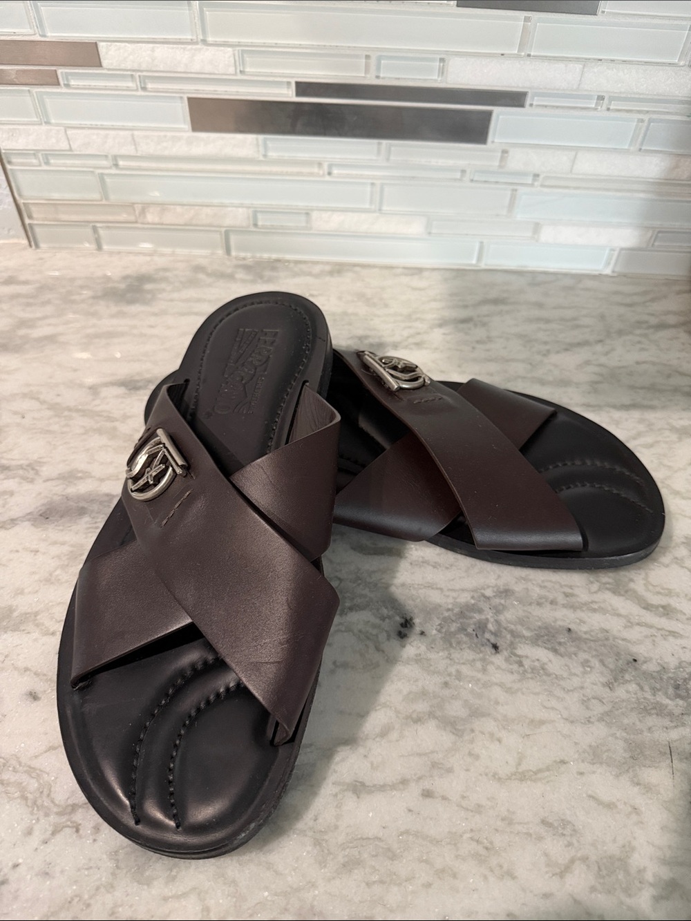 Salvatore Ferragamo Brown Leather Cross-Strap Slide with Silver Logo